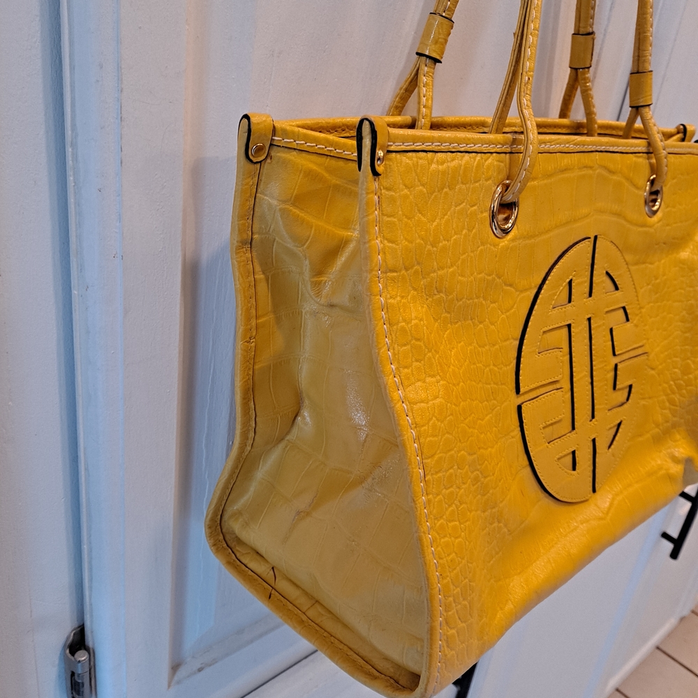 ANTONIO MELANI Vintage Yellow Faux Leather Croc Embossed Summer Tote Bag - Picture 3 of 10